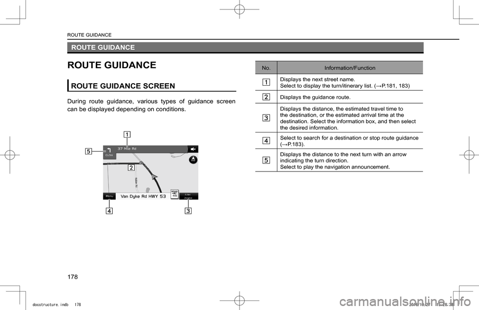 SUBARU IMPREZA 2017 5.G Navigation Manual ROUTE GUIDANCE
ROUTE GUIDANCE
ROUTE GUIDANCE SCREEN
During  route  guidance,  various  types  of  guidance  screen 
can be displayed depending on conditions.
No.Information/Function
Displays the next 