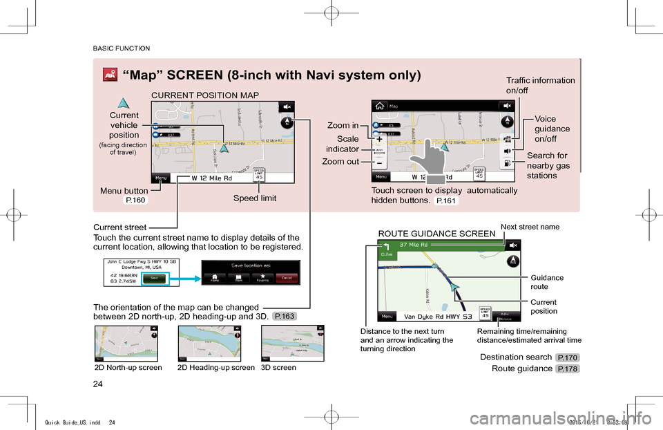 SUBARU IMPREZA 2017 5.G Navigation Manual BASIC FUNCTION
24
“Map” SCREEN (8-inch with Navi system only)
CURRENT POSITION MAP
Current
vehicle
position
(facing direction of travel)
Menu buttonSpeed limit
Zoom in
Scale
indicator
Zoom out SUBARU IMPREZA 2017 5.G Navigation Manual BASIC FUNCTION
24
“Map” SCREEN (8-inch with Navi system only)
CURRENT POSITION MAP
Current
vehicle
position
(facing direction of travel)
Menu buttonSpeed limit
Zoom in
Scale
indicator
Zoom out