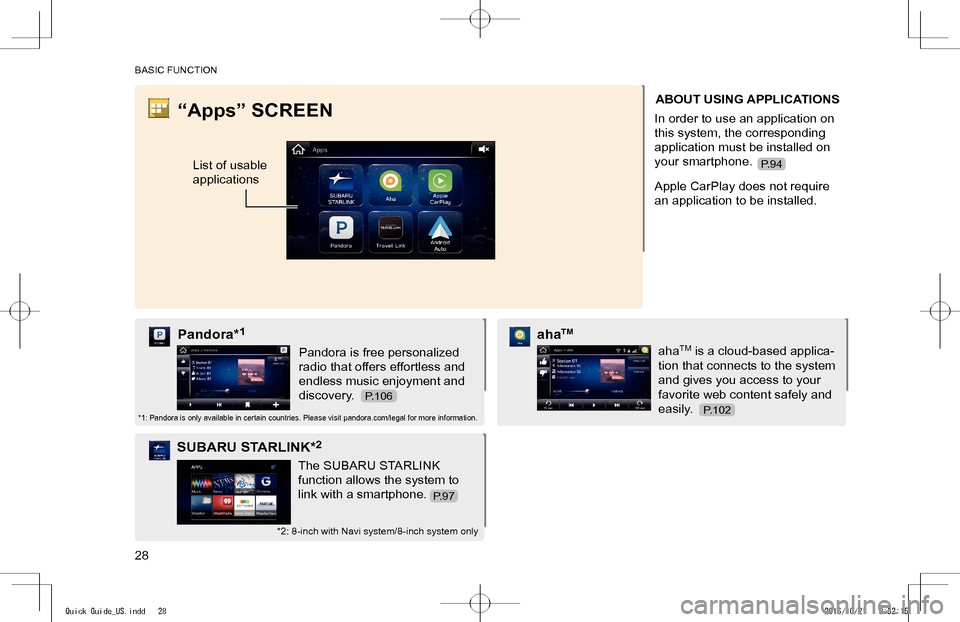 SUBARU IMPREZA 2017 5.G Navigation Manual BASIC FUNCTION
28
“Apps” SCREEN
List of usable
applications
ABOUT USING APPLICATIONS
In order to use an application on
this system, the corresponding
application must be installed on
your smar SUBARU IMPREZA 2017 5.G Navigation Manual BASIC FUNCTION
28
“Apps” SCREEN
List of usable
applications
ABOUT USING APPLICATIONS
In order to use an application on
this system, the corresponding
application must be installed on
your smar