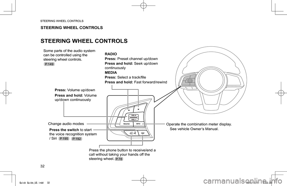 SUBARU IMPREZA 2017 5.G Navigation Manual STEERING WHEEL CONTROLS
32
STEERING WHEEL CONTROLS
STEERING WHEEL CONTROLS
Some parts of the audio system 
can be controlled using the 
steering wheel controls.
RADIO
Press: Preset channel up/down
Pre
