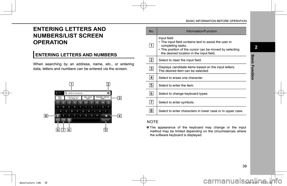 SUBARU IMPREZA 2017 5.G Navigation Manual ENTERING LETTERS AND 
NUMBERS/LIST SCREEN 
OPERATION
ENTERING LETTERS AND NUMBERS
When  searching  by  an  address,  name,  etc.,  or  entering 
data, letters and numbers can be entered via the screen