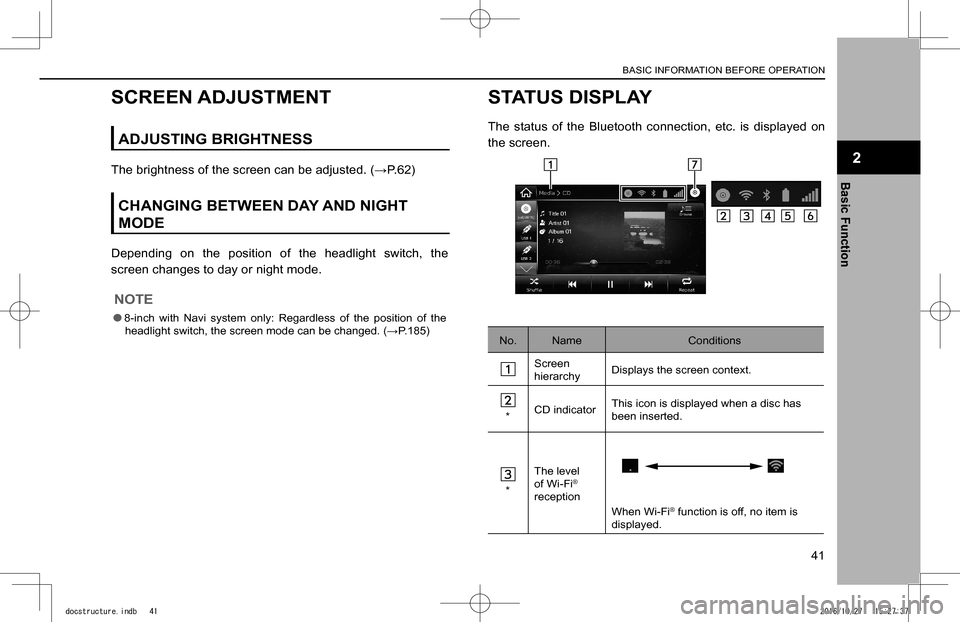 SUBARU IMPREZA 2017 5.G Navigation Manual SCREEN ADJUSTMENT
ADJUSTING BRIGHTNESS
�T�h�e� �b�r�i�g�h�t�n�e�s�s� �o�f� �t�h�e� �s�c�r�e�e�n� �c�a�n� �b�e� �a�d�j�u�s�t�e�d�.� �(W�P�.�6�2�)
CHANGING BETWEEN DAY AND NIGHT 
MODE
Depending  on  th