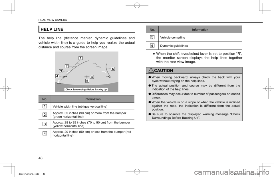 SUBARU IMPREZA 2017 5.G Navigation Manual HELP LINE
The  help  line  (distance  marker,  dynamic  guidelines  and 
vehicle  width  line)  is  a  guide  to  help  you  realize  the  actual 
distance and course from the screen image.
Check Surr