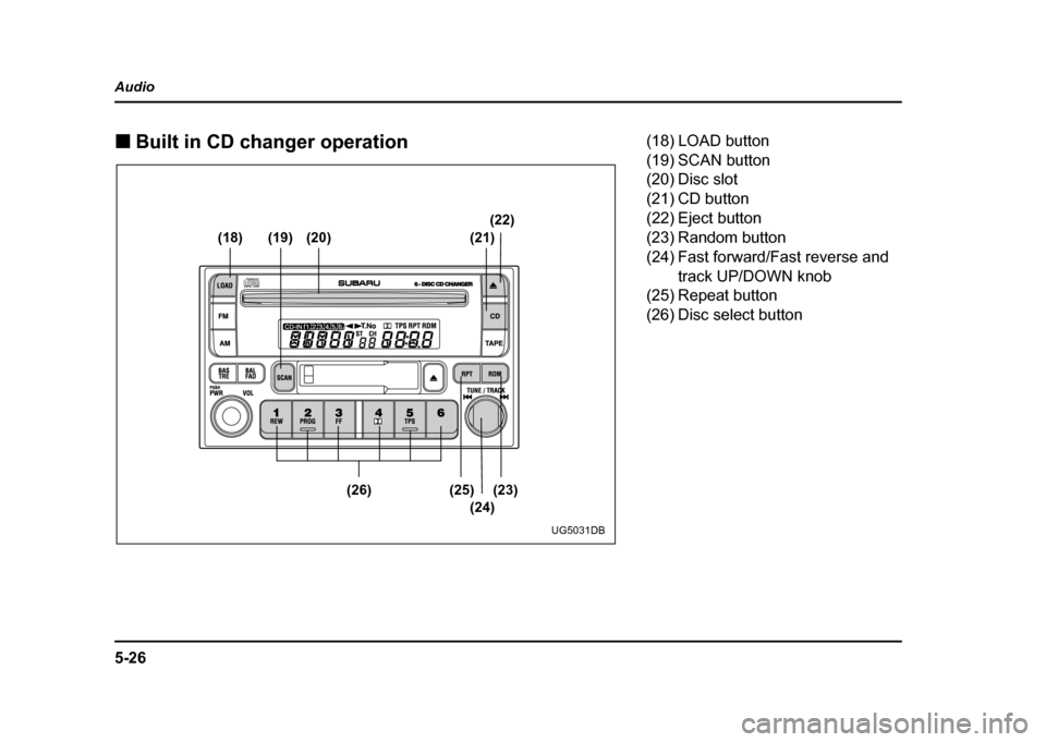 SUBARU IMPREZA WRX 2004 2.G Owners Manual 5-26
Audio !
Built in CD changer operation
(18) (19) (20) (21) (22)
(23)
(25)
(26)
(24)
UG5031DB
(18) LOAD button
(19) SCAN button
(20) Disc slot
(21) CD button
(22) Eject button
(23) Random button SUBARU IMPREZA WRX 2004 2.G Owners Manual 5-26
Audio !
Built in CD changer operation
(18) (19) (20) (21) (22)
(23)
(25)
(26)
(24)
UG5031DB
(18) LOAD button
(19) SCAN button
(20) Disc slot
(21) CD button
(22) Eject button
(23) Random button