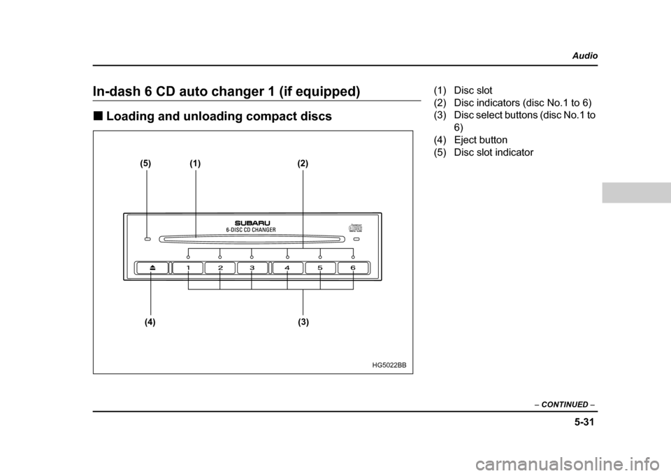 SUBARU IMPREZA WRX 2004 2.G Owners Manual 5-31
Audio
– CONTINUED –
In-dash 6 CD auto changer 1 (if equipped) !Loading and unloading compact discs
(5) (1) (2)
(4) (3)
HG5022BB
(1) Disc slot
(2) Disc indicators (disc No.1 to 6)
(3) Disc SUBARU IMPREZA WRX 2004 2.G Owners Manual 5-31
Audio
– CONTINUED –
In-dash 6 CD auto changer 1 (if equipped) !Loading and unloading compact discs
(5) (1) (2)
(4) (3)
HG5022BB
(1) Disc slot
(2) Disc indicators (disc No.1 to 6)
(3) Disc
