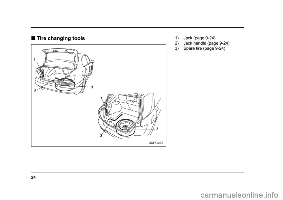 SUBARU IMPREZA WRX 2004 2.G Owners Manual 24
!
Tire changing tools
1
2 3
1
2 3
UGF512BB
1) Jack (page 9-24)
2) Jack handle (page 9-24)
3) Spare tire (page 9-24) SUBARU IMPREZA WRX 2004 2.G Owners Manual 24
!
Tire changing tools
1
2 3
1
2 3
UGF512BB
1) Jack (page 9-24)
2) Jack handle (page 9-24)
3) Spare tire (page 9-24)