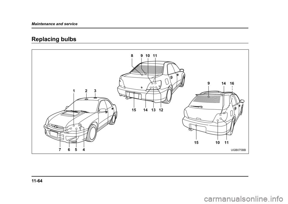SUBARU IMPREZA WRX 2004 2.G Owners Manual 11 - 6 4
Maintenance and service
Replacing bulbs
9
81 011
14 13 12 10 11
65 4
7 123
15
1514 16
9
UGB075BB 