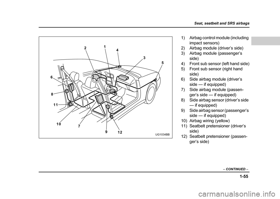 SUBARU IMPREZA WRX 2004 2.G Manual Online 1-55
Seat, seatbelt and SRS airbags
– CONTINUED –
21
4
35
12
9
7
10
11
8
6
UG1034BB
1) Airbag control module (including
impact sensors)
2) Airbag module (driver’s side)
3) Airbag module (pass SUBARU IMPREZA WRX 2004 2.G Manual Online 1-55
Seat, seatbelt and SRS airbags
– CONTINUED –
21
4
35
12
9
7
10
11
8
6
UG1034BB
1) Airbag control module (including
impact sensors)
2) Airbag module (driver’s side)
3) Airbag module (pass