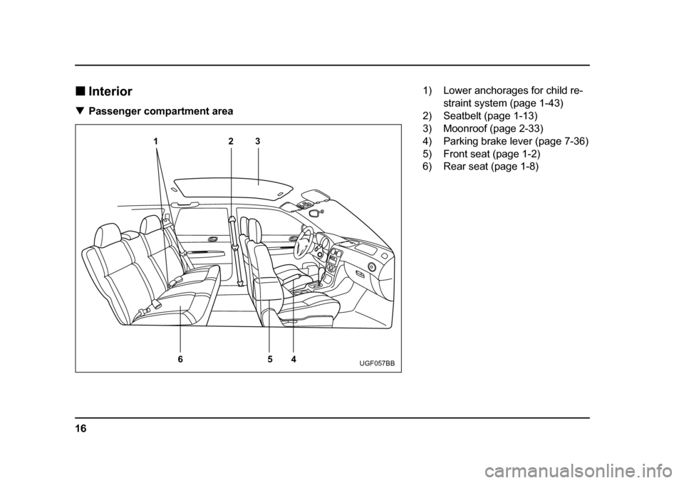 SUBARU IMPREZA WRX 2005 2.G User Guide 16
�„
Interior
�T Passenger compartment area
12 3
4
5
6
UGF057BB
1) Lower anchorages for child re-
straint system (page 1-43)
2) Seatbelt (page 1-13) 
3) Moonroof (page 2-33) 
4) Parking brake lever