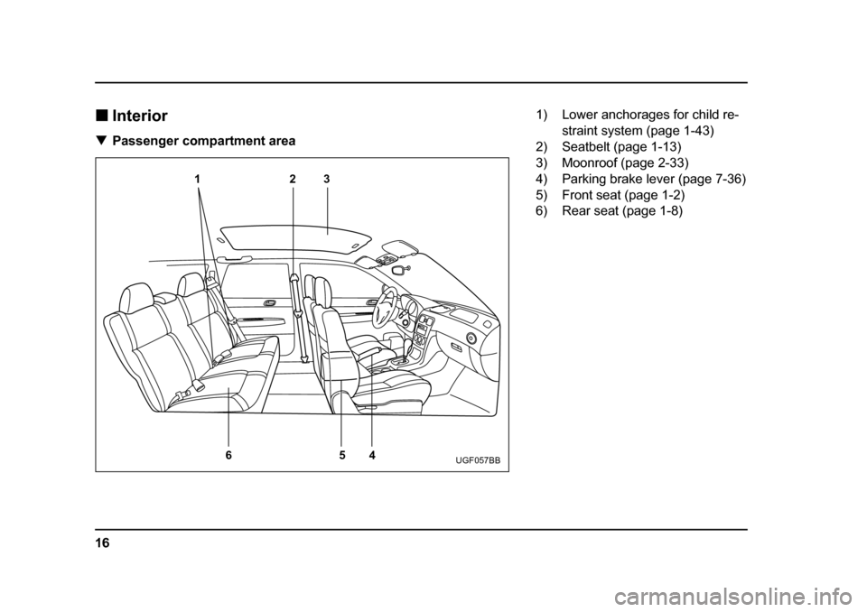 SUBARU IMPREZA WRX 2005 2.G Owners Manual 16
�„
Interior
�T Passenger compartment area
12 3
4
5
6
UGF057BB
1) Lower anchorages for child re-
straint system (page 1-43)
2) Seatbelt (page 1-13) 
3) Moonroof (page 2-33) 
4) Parking brake lever