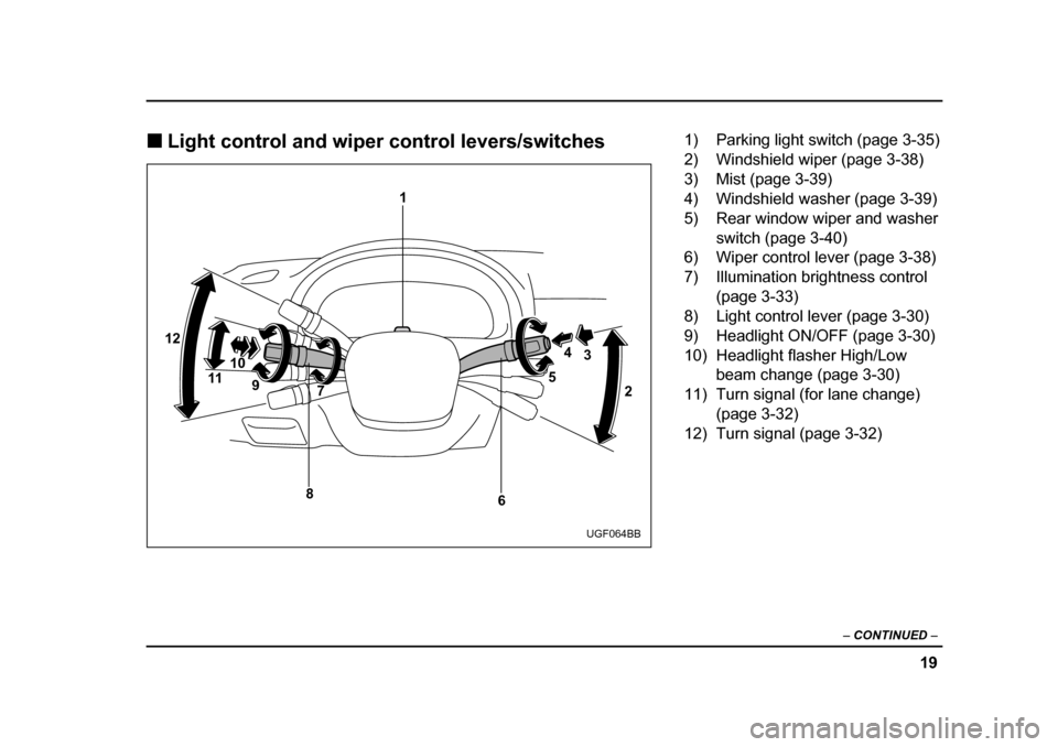 SUBARU IMPREZA WRX 2005 2.G Owners Manual 19
–
 CONTINUED  –
�„Light control and wiper control levers/switches
12
3
4
5
1
10 9 7
11
2
6
8
UGF064BB
1) Parking light switch (page 3-35) 
2) Windshield wiper (page 3-38) 
3) Mist (page 3-39)