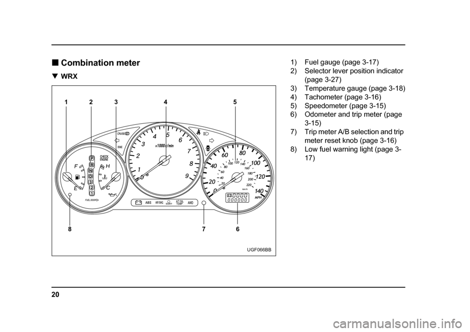 SUBARU IMPREZA WRX 2005 2.G Owners Manual 20
�„
Combination meter
�T WRX
1
86 7
23 5
4
UGF066BB
1) Fuel gauge (page 3-17) 
2) Selector lever position indicator 
(page 3-27)
3) Temperature gauge (page 3-18)
4) Tachometer (page 3-16) 
5) Spee