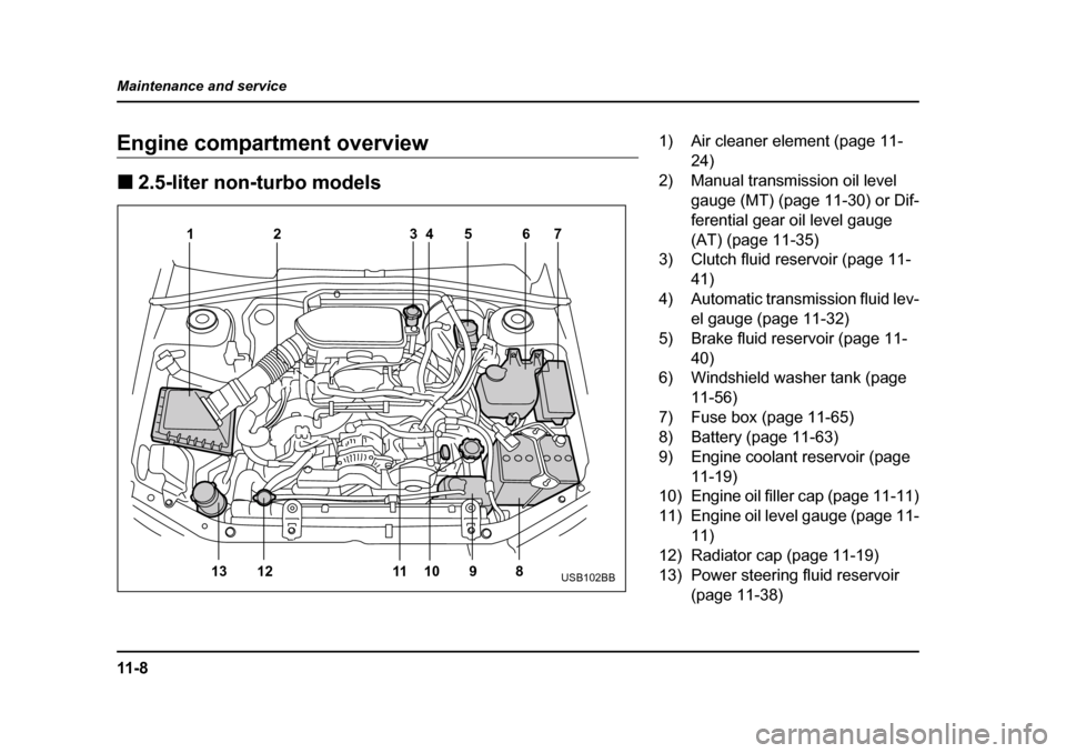 SUBARU IMPREZA WRX 2005 2.G Owners Manual 11 - 8
Maintenance and service
Engine compartment overview �„
2.5-liter non-turbo models
13 12 11 10 9 8 23
5
46
17USB102BB
1) Air cleaner element (page 11-
24)
2) Manual transmission oil level  gau