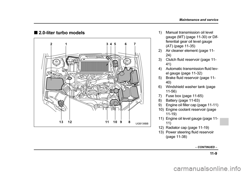 SUBARU IMPREZA WRX 2005 2.G Owners Manual 11 - 9
Maintenance and service
– CONTINUED  –
�„2.0-liter turbo models
34 5 6 7
1
2
13 12 11 10 9 8
UGB138BB
1) Manual transmission oil level gauge (MT) (page 11-30) or Dif- 
ferential gear oil 