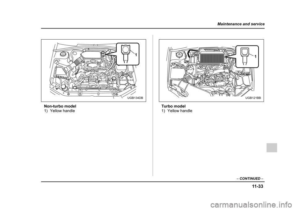 SUBARU IMPREZA WRX 2005 2.G Owners Manual 11 -3 3
Maintenance and service
– CONTINUED  –
Non-turbo model 
1) Yellow handle Turbo model
1) Yellow handle
1
UGB134DB
1
UGB121BB 