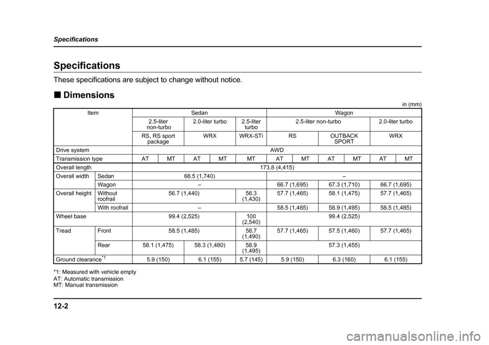 SUBARU IMPREZA WRX 2005 2.G Owners Manual 12-2
Specifications
SpecificationsSpecifications 
These specifications are subject to change without notice. �„
Dimensions
in (mm)
*1: Measured with vehicle empty 
AT: Automatic transmission 
MT: Ma