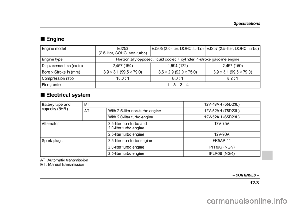 SUBARU IMPREZA WRX 2005 2.G Owners Manual 12-3
Specifications
–  CONTINUED  –
�„Engine
�„ Electrical system
AT: Automatic transmission 
MT: Manual transmission
Engine modelEJ253 
(2.5-liter, SOHC, non-turbo)EJ205 (2.0-liter, DOHC, tur