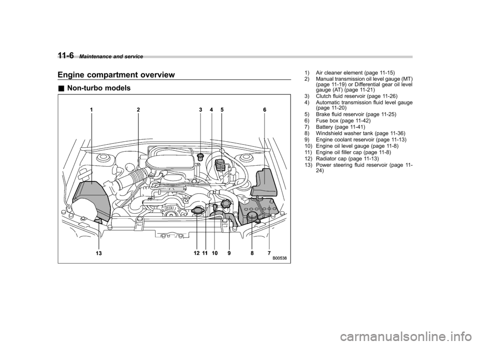 SUBARU IMPREZA WRX 2007 3.G Owners Manual 11-6Maintenance and service
Engine compartment overview &Non-turbo models1) Air cleaner element (page 11-15)
2) Manual transmission oil level gauge (MT)
(page 11-19) or Differential gear oil level
g SUBARU IMPREZA WRX 2007 3.G Owners Manual 11-6Maintenance and service
Engine compartment overview &Non-turbo models1) Air cleaner element (page 11-15)
2) Manual transmission oil level gauge (MT)
(page 11-19) or Differential gear oil level
g