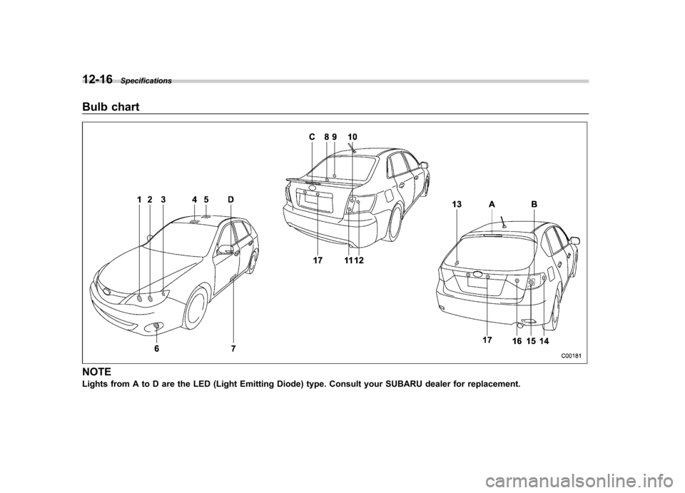 SUBARU IMPREZA WRX 2011 4.G Owners Manual 12-16Specifications
Bulb chart
NOTE 
Lights from A to D are the LED (Light Emitting Diode) type. Consult your SUBARU dealer for replacement.  