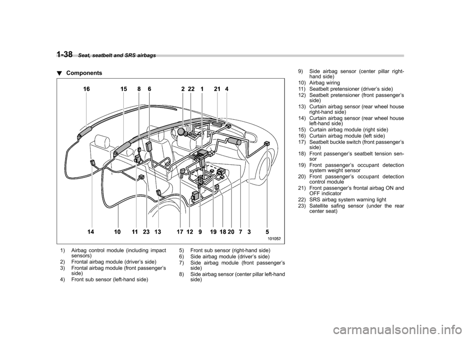 SUBARU IMPREZA WRX 2011 4.G Owners Guide 1-38Seat, seatbelt and SRS airbags
! Components
1) Airbag control module (including impact
sensors)
2) Frontal airbag module (driver ’s side)
3) Frontal airbag module (front passenger ’s
side)
4) 