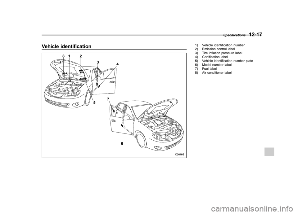 SUBARU IMPREZA WRX 2012 4.G Owners Manual Vehicle identification1) Vehicle identification number 
2) Emission control label 
3) Tire inflation pressure label 
4) Certification label 
5) Vehicle identification number plate
6) Model number labe