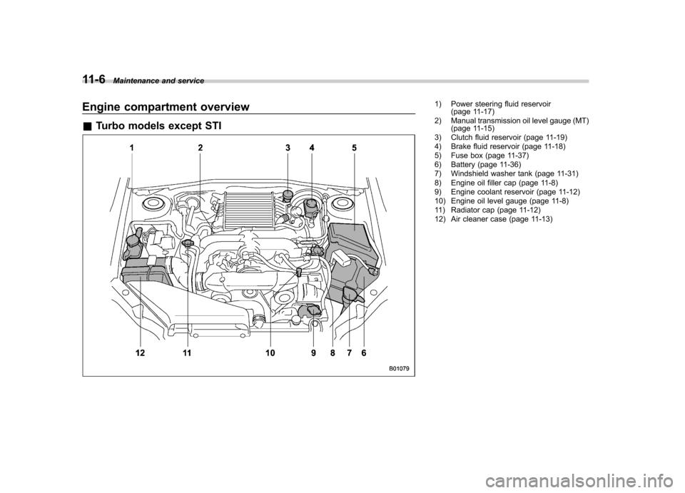 SUBARU IMPREZA WRX 2013 4.G Owners Manual 11-6Maintenance and service
Engine compartment overview &Turbo models except STI1) Power steering fluid reservoir
(page 11-17)
2) Manual transmission oil level gauge (MT) (page 11-15)
3) Clutch fluid 