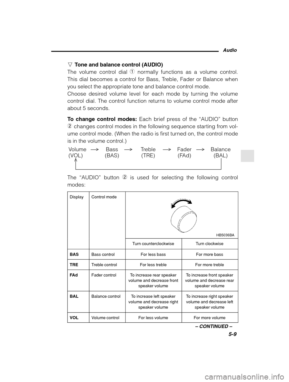 SUBARU LEGACY 2002 3.G Owners Manual Audio5-9
–
 CONTINUED  –
nTone and balance control (AUDIO)
The volume control dial  1 normally functions as a volume control.
This dial becomes a control for Bass, Treble, Fader or Balance when 
y