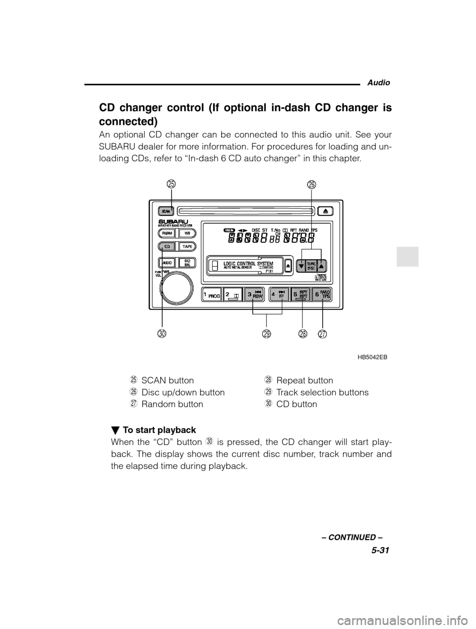 SUBARU LEGACY 2002 3.G Owners Manual Audio5-31
–
 CONTINUED  –
CD changer control (If optional in-dash CD changer is connected) An optional CD changer can be connected to this audio unit. See your 
SUBARU dealer for more information.