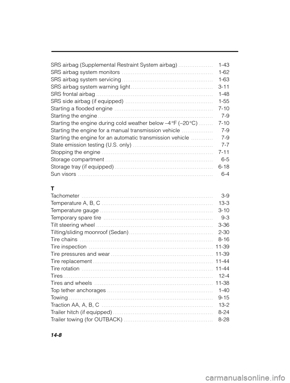 SUBARU LEGACY 2002 3.G Owners Manual 14-8
SRS airbag (Supplemental Restraint System airbag) 1-43. . . . . . . . . . . . . . . . . . . 
SRS airbag system monitors 1-62
. . . . . . . . . . . . . . . . . . . . . . . . . . . . . . . . . . . 