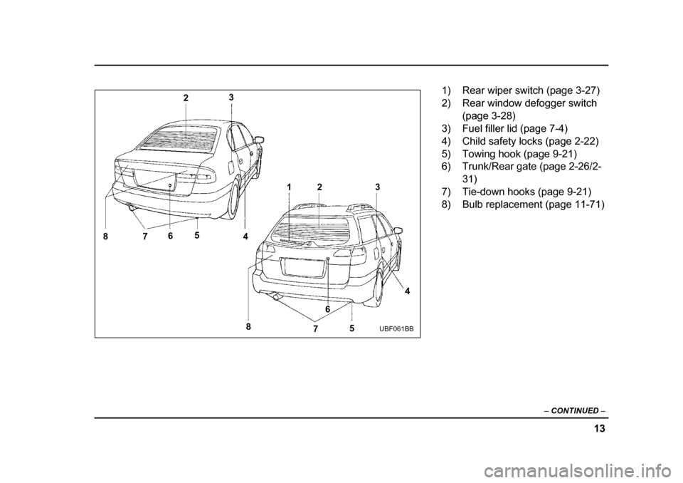 SUBARU LEGACY 2004 4.G User Guide 13
–
 CONTINUED  –
23
4
5
6
7
8 12 3
4
5
6
7
8
UBF061BB
1) Rear wiper switch (page 3-27) 
2) Rear window defogger switch 
(page 3-28)
3) Fuel filler lid (page 7-4)
4) Child safety locks (page 2-22