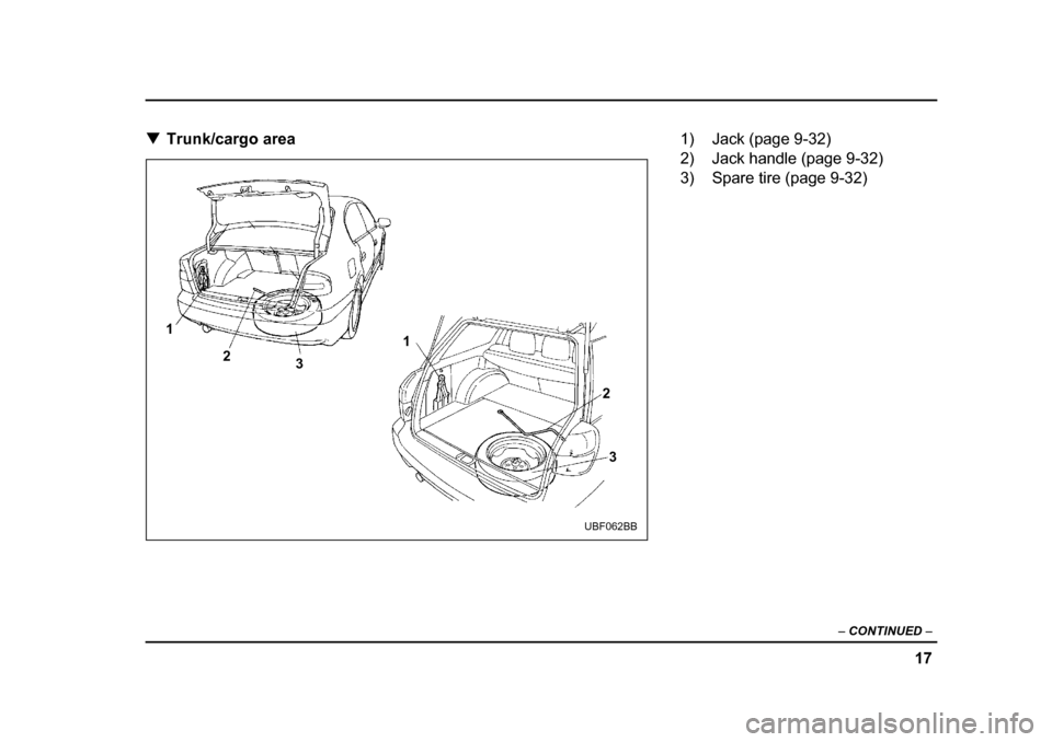 SUBARU LEGACY 2004 4.G User Guide 17
–
 CONTINUED  –
�TTrunk/cargo area
1
2 3 1
2
3
UBF062BB
1) Jack (page 9-32) 
2) Jack handle (page 9-32) 
3) Spare tire (page 9-32)   