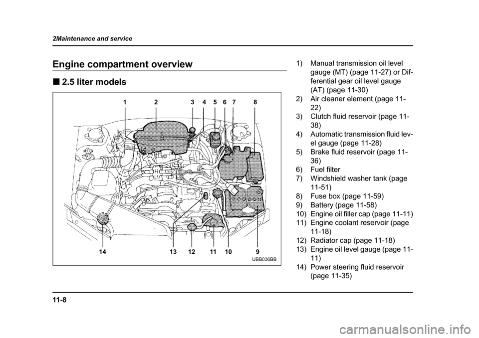 SUBARU LEGACY 2004 4.G Owners Manual 11 - 8
2Maintenance and service
Engine compartment overview �„
2.5 liter models
12 3 45678
9
10
11
12
13
14
UBB036BB
1) Manual transmission oil level 
gauge (MT) (page 11-27) or Dif- 
ferential gear