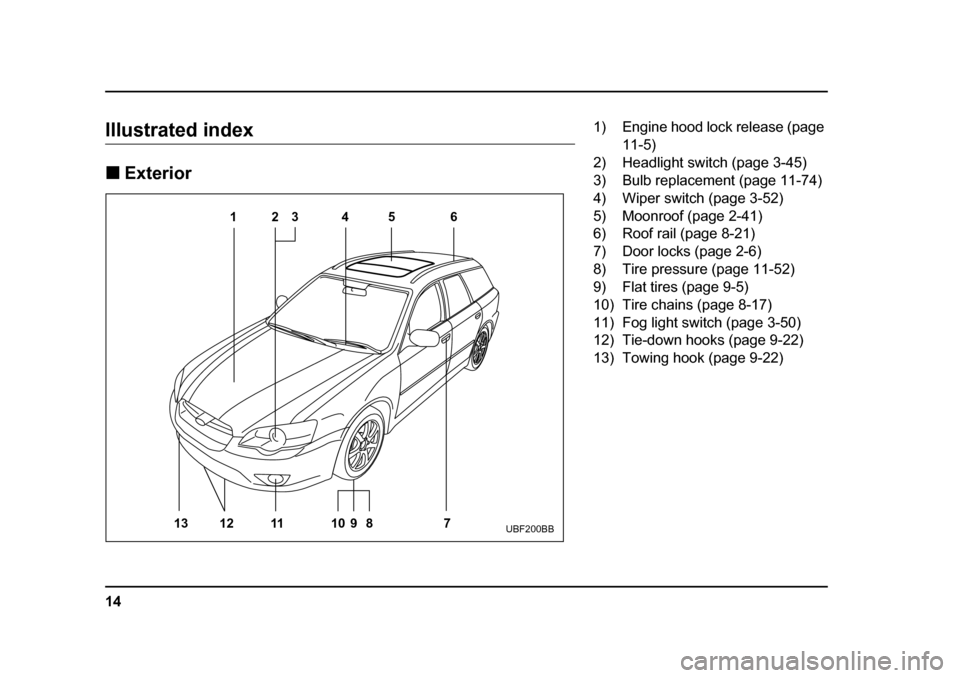 SUBARU LEGACY 2005 4.G Owners Manual 14
Illustrated index !Exterior
123 5 6 4
13 11 12 89 10 7
UBF200BB
1) Engine hood lock release (page 
11-5)
2) Headlight switch (page 3-45) 
3) Bulb replacement (page 11-74) 
4) Wiper switch (page 3-5