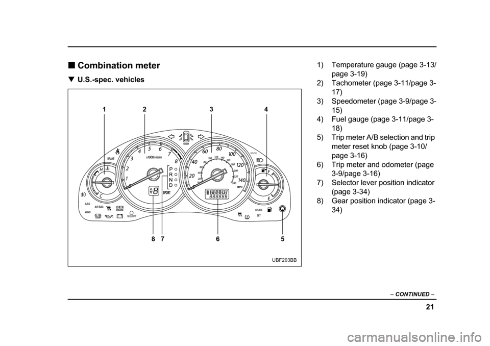 SUBARU LEGACY 2005 4.G Owners Manual 21
–
 CONTINUED  –
!Combination meter
! U.S.-spec. vehicles
12 3
5
6 4
87
UBF203BB
1) Temperature gauge (page 3-13/ page 3-19)
2) Tachometer (page 3-11/page 3- 17)
3) Speedometer (page 3-9/page 3-