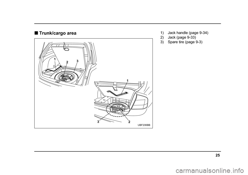 SUBARU LEGACY 2005 4.G Owners Manual 25
–
 CONTINUED  –
!Trunk/cargo area
1
3
2
2
3 1
UBF206BB
1) Jack handle (page 9-34) 
2) Jack (page 9-33) 
3) Spare tire (page 9-3) 