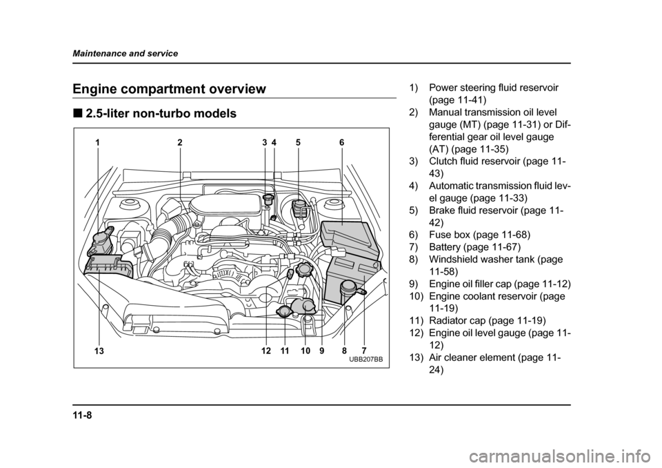 SUBARU LEGACY 2005 4.G Owners Guide 11 - 8
Maintenance and service
Engine compartment overview !
2.5-liter non-turbo models
12 3 45 6
7
8
9
10
11
13 12
UBB207BB
1) Power steering fluid reservoir 
(page 11-41)
2) Manual transmission oil 