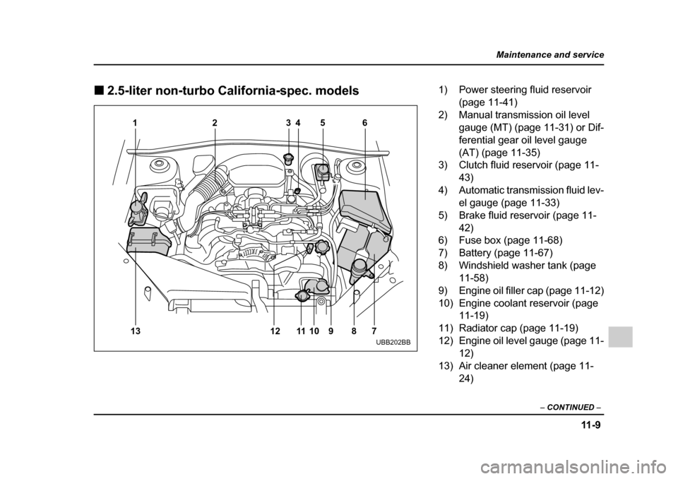 SUBARU LEGACY 2005 4.G Owners Guide 11 - 9
Maintenance and service
– CONTINUED  –
!2.5-liter non-turbo California-spec. models
123 45 6
7
8
9
10
11
13 12
UBB202BB
1) Power steering fluid reservoir 
(page 11-41)
2) Manual transmissio