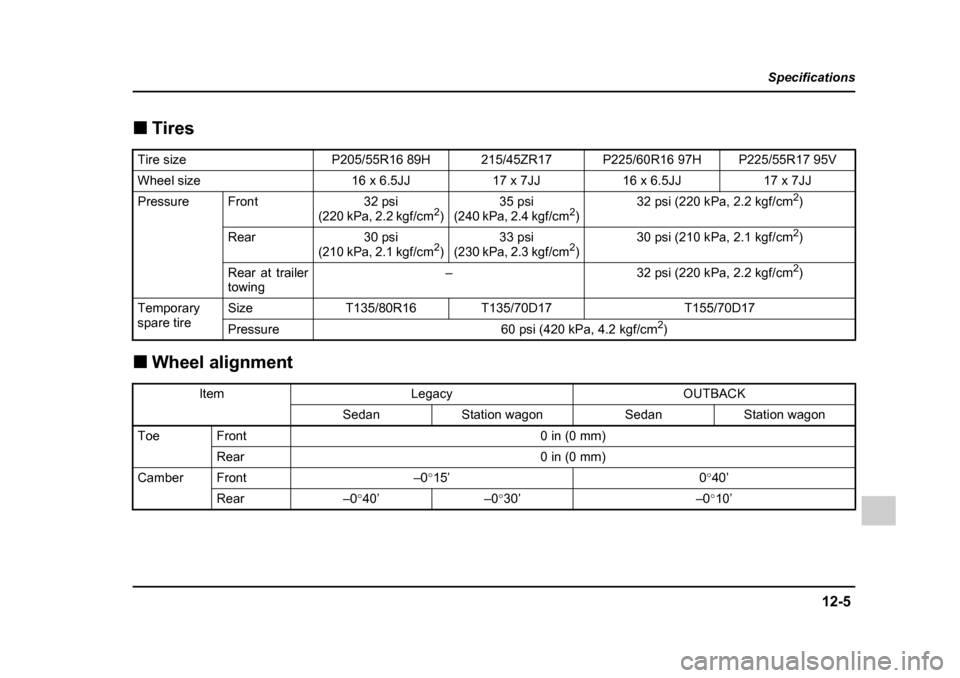 SUBARU LEGACY 2005 4.G Owners Manual 12-5
Specifications
–  CONTINUED  –
!Tires
! Wheel alignment
Tire sizeP205/55R16 89H215/45ZR17P225/60R16 97HP225/55R17 95V
Wheel size16 x 6.5JJ17 x 7JJ16 x 6.5JJ17 x 7JJ
PressureFront32 psi 
(220 