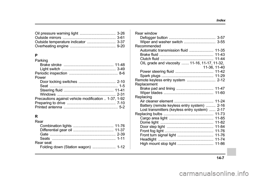 SUBARU LEGACY 2005 4.G User Guide 14-7
Index
Oil pressure warning light  ..................................  3-26 
Outside mirrors  ..................................................  3-61
Outside temperature indicator  ..............