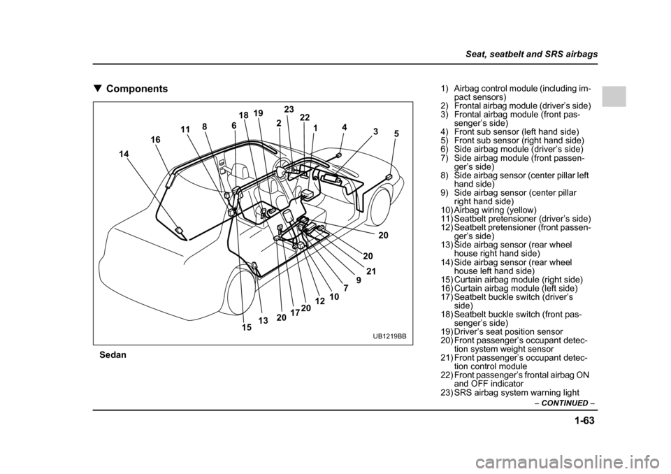 SUBARU LEGACY 2005 4.G Owners Manual 1-63
Seat, seatbelt and SRS airbags
– CONTINUED  –
!Components
Sedan
 1
2
3
4
5
6 18
19 23
22
8
11
132017
20 12
107
921
20 20
14
16
15
UB1219BB
1) Airbag control module (including im-pact sensors)