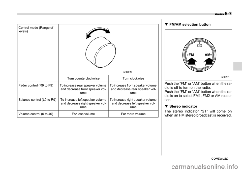 SUBARU LEGACY 2006 4.G Owners Manual Audio 5-7
– CONTINUED  –
Control mode (Range of  
levels)
Turn counterclockwise Turn clockwise
Fader control (R9 to F9) To increase rear speaker volume  and decrease front speaker vol-ume To incre