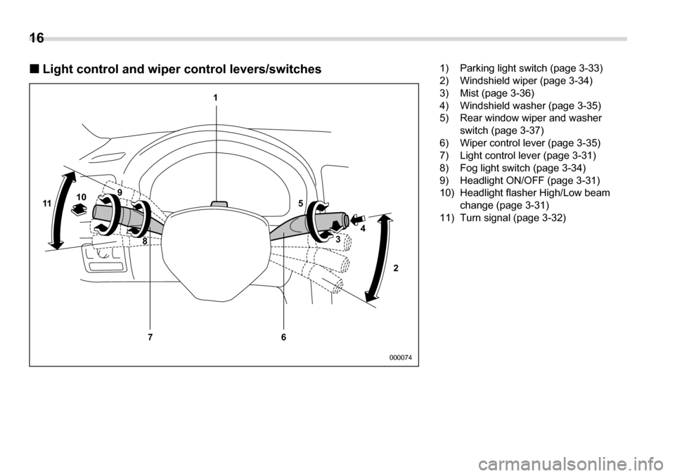 SUBARU LEGACY 2006 4.G Owners Manual 16 
�„ Light control and wiper control levers/switches
1
6
7
11
10
9
8 2
3
4
5
000074
1) Parking light switch (page 3-33) 
2) Windshield wiper (page 3-34)
3) Mist (page 3-36) 
4) Windshield washer (