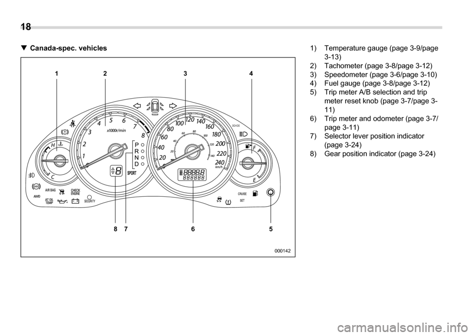 SUBARU LEGACY 2006 4.G Owners Manual 18 
�T Canada-spec. vehicles
12 3
5
6 4
87
000142
1) Temperature gauge (page 3-9/page  3-13)
2) Tachometer (page 3-8/page 3-12) 
3) Speedometer (page 3-6/page 3-10) 
4) Fuel gauge (page 3-8/page 3-12)