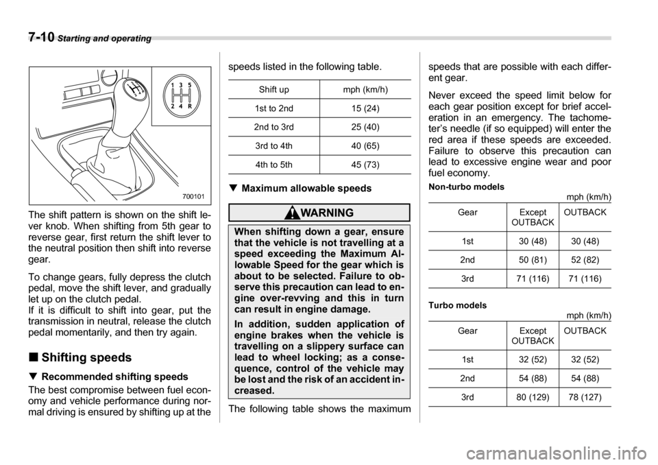 SUBARU LEGACY 2006 4.G Owners Manual 7-10 Starting and operating
The shift pattern is shown on the shift le- 
ver knob. When shifting from 5th gear to 
reverse gear, first retu rn the shift lever to
the neutral position then shift into r