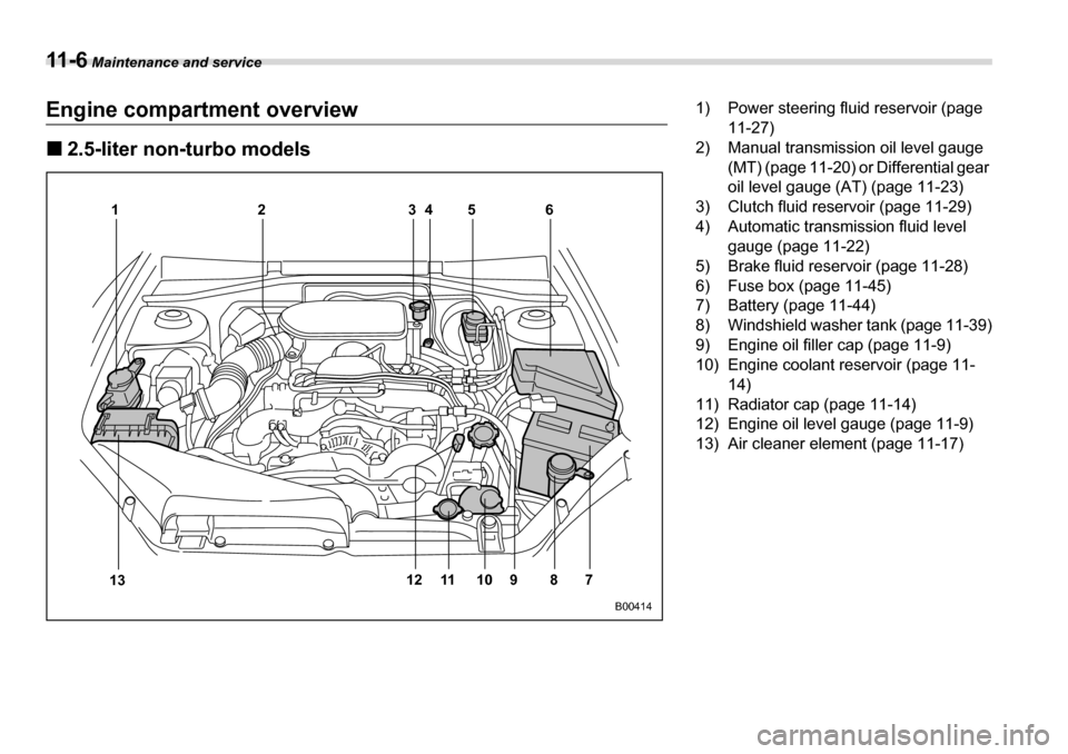 SUBARU LEGACY 2006 4.G Owners Manual 11 - 6 Maintenance and service
Engine compartment overview �„2.5-liter non-turbo models
12 3 45 6
7
8
9
10
11
13 12
B00414
1) Power steering fluid reservoir (page 
11-27)
2) Manual transmission oil 