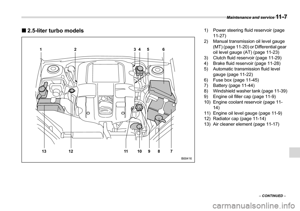 SUBARU LEGACY 2006 4.G Owners Manual Maintenance and service 11 - 7
–  CONTINUED  –
�„2.5-liter turbo models
12 4 6
35
13 12 11 10 9 8 7
B00416
1) Power steering fluid reservoir (page  11-27)
2) Manual transmission oil level gauge 