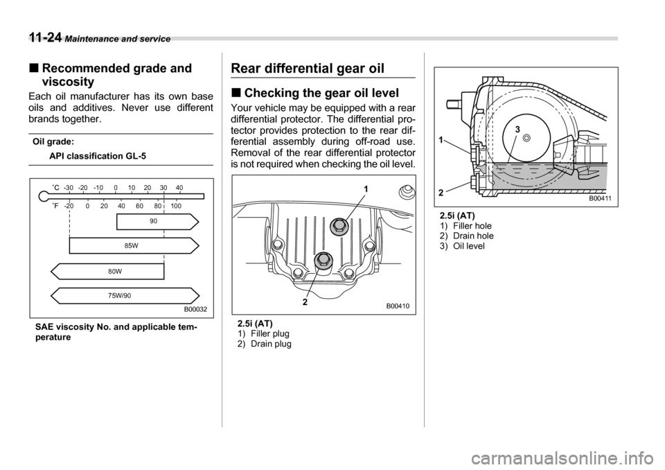 SUBARU LEGACY 2006 4.G Owners Manual 11 - 2 4 Maintenance and service
�„Recommended grade and  
viscosity
Each oil manufacturer has its own base 
oils and additives. Never use different 
brands together.
Oil grade:
API classification G