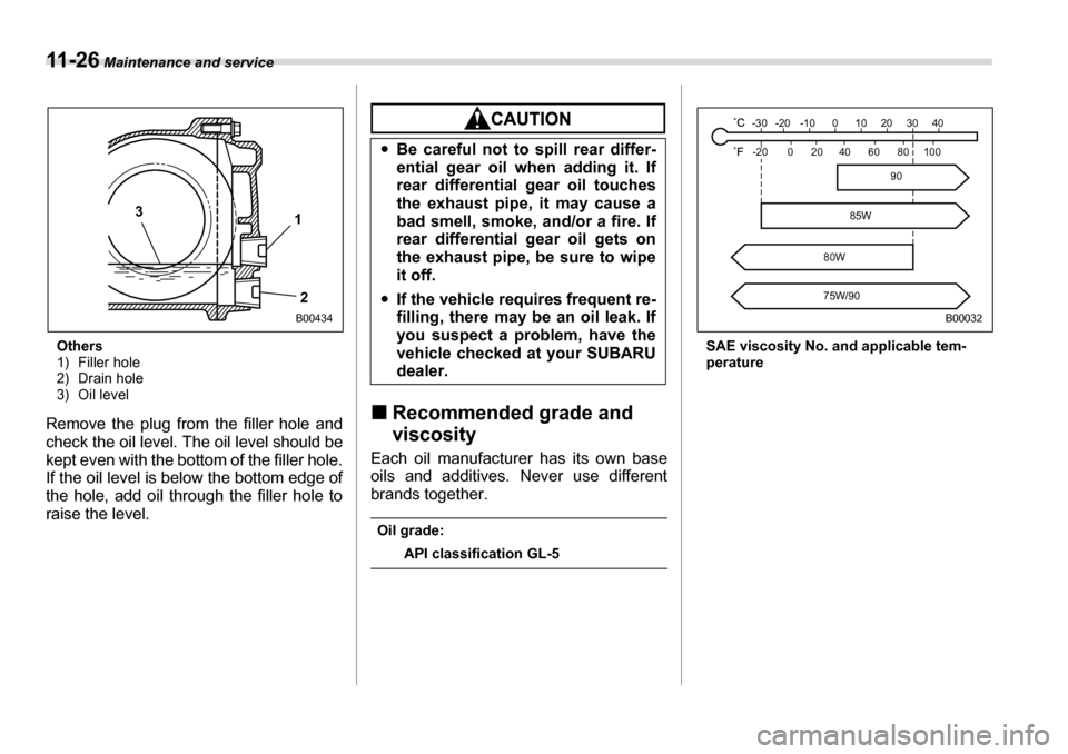 SUBARU LEGACY 2006 4.G Owners Manual 11 - 2 6 Maintenance and service
Others 
1) Filler hole
2) Drain hole
3) Oil level
Remove the plug from the filler hole and 
check the oil level. The oil level should be
kept even with the bottom  of 
