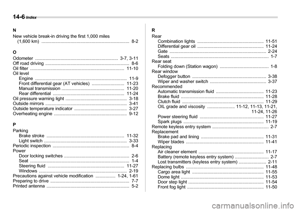 SUBARU LEGACY 2006 4.G Owners Manual 14-6 Index
N
New vehicle break-in driving the first 1,000 miles (1,600 km) ...................................................................... 8-2
O
Odometer .................................. SUBARU LEGACY 2006 4.G Owners Manual 14-6 Index
N
New vehicle break-in driving the first 1,000 miles (1,600 km) ...................................................................... 8-2
O
Odometer ..................................