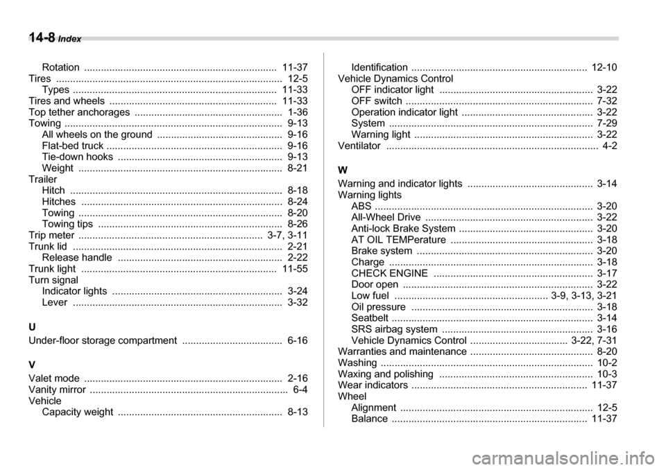 SUBARU LEGACY 2006 4.G Owners Manual 14-8 Index
Rotation .....................................................................  11-37
Tires .................................................................................  12-5
Types ...